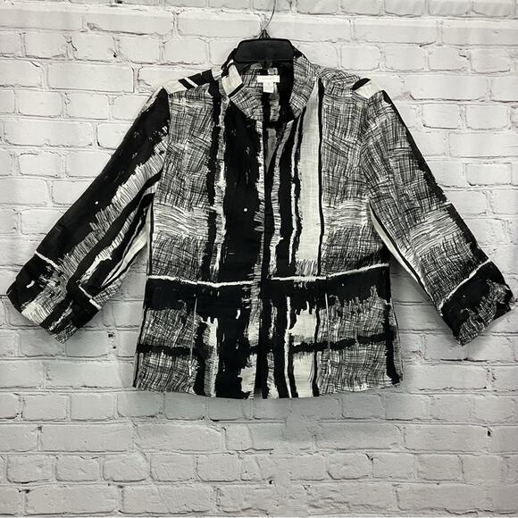 Chico's Linen Blend Blazer Women's Size 1 (S/8) Black/White Abstract Lightweight - Picture 1 of 11